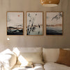 Conjunto de tres cuadros japoneses minimalistas con paisajes en tinta sumi-e, kudeko.com
