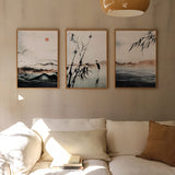 Conjunto de tres cuadros japoneses minimalistas con paisajes en tinta sumi-e, kudeko.com
