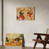 Composición de dos cuadros decorativos de estilo orgánico y colorido, ilustración abstracta de dos mujeres en movimiento, modelo Sisters of the Rhythm