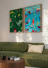 Composición de dos cuadros decorativos de estilo orgánico y colorido, escena selvática surrealista con animales y personajes, modelo Whimsical Jungle World