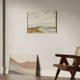 Composición de dos cuadros decorativos de estilo orgánico y minimalista, paisaje costero en acuarela suave, modelo Echos of Dream