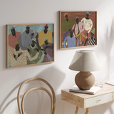 Composición de dos cuadros decorativos de estilo orgánico y minimalista, reunión de figuras femeninas estilizadas, modelo Group Chat