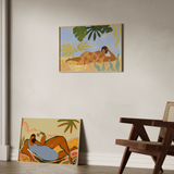 Composición de dos cuadros decorativos de estilo orgánico y minimalista, mujer descansando en una playa tropical, modelo Lazyday