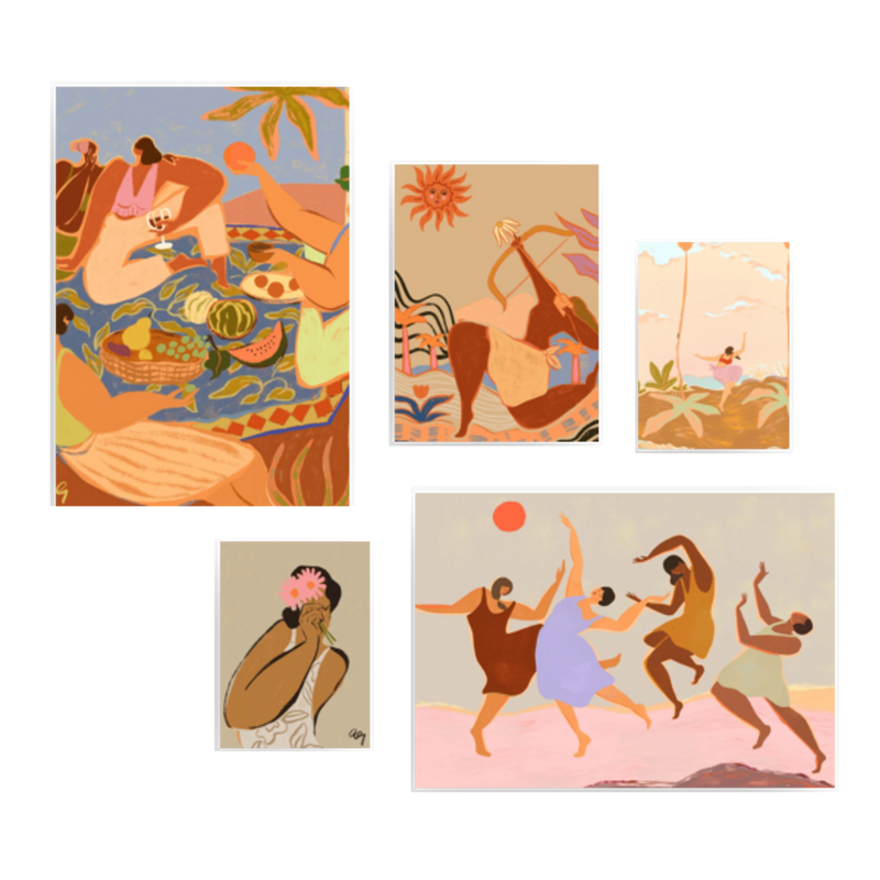 Conjunto de cinco cuadros decorativos sin marco de estilo mar_y_playa y orgánico, mural ilustrado de verano con figuras, playa y flores, modelo Mural III - Together
