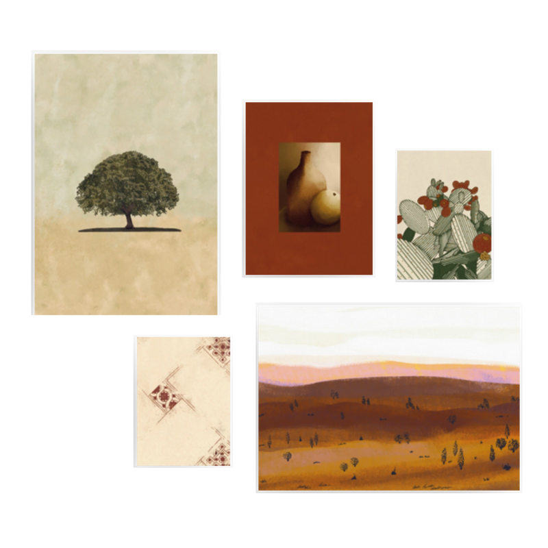 Conjunto de cinco cuadros decorativos sin marco de estilo minimalista y orgánico, mural botánico mediterráneo en tonos tierra, modelo Mural III - Raíces