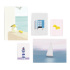 Conjunto de cinco cuadros decorativos sin marco de estilo minimalista y tonos_pastel, mural veraniego de limones, ventana azul y faro marino, modelo Mural III - El color del verano