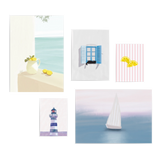 Conjunto de cinco cuadros decorativos sin marco de estilo minimalista y tonos_pastel, mural veraniego de limones, ventana azul y faro marino, modelo Mural III - El color del verano