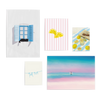 Conjunto de cinco cuadros decorativos sin marco de estilo minimalista y tonos_pastel, mural veraniego con ventana azul, limones y aire mediterráneo, modelo Mural III - Esencia del verano