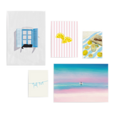 Conjunto de cinco cuadros decorativos sin marco de estilo minimalista y tonos_pastel, mural veraniego con ventana azul, limones y aire mediterráneo, modelo Mural III - Esencia del verano