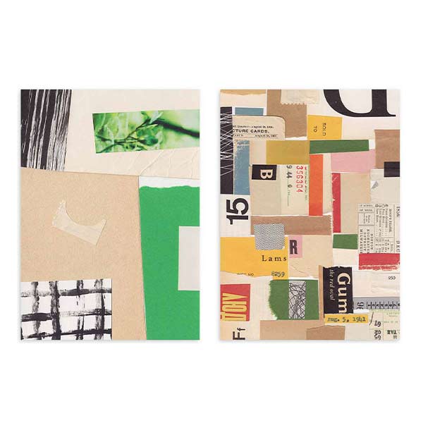 Conjunto de dos cuadros con collage de papeles, recortes tipográficos, bloques beige, verde, negro, rojo y amarillo, de estilo abstracto. Disponible en kudeko.com