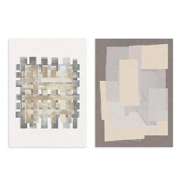 Conjunto de dos cuadros con composición abstracta de rectángulos superpuestos, tramas en beige, gris, crema y blanco roto, de estilo abstracto. Disponible en kudeko.com