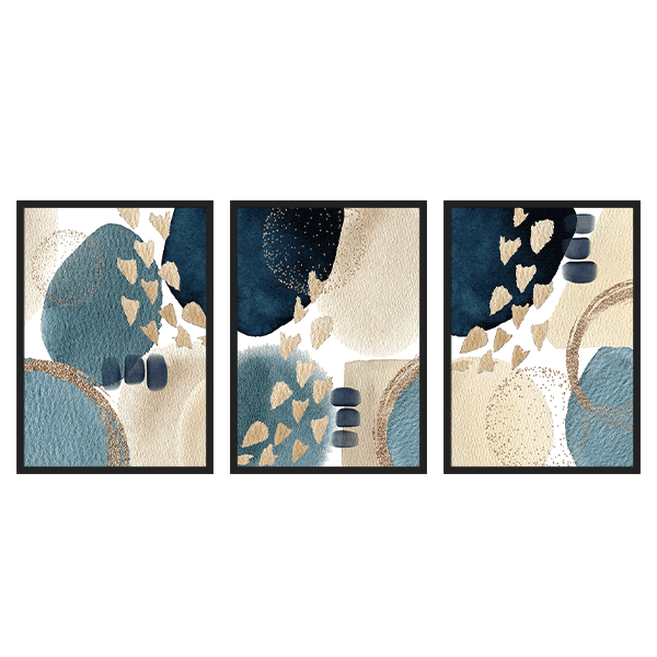Conjunto de tres cuadros abstractos en tonos azules y beige