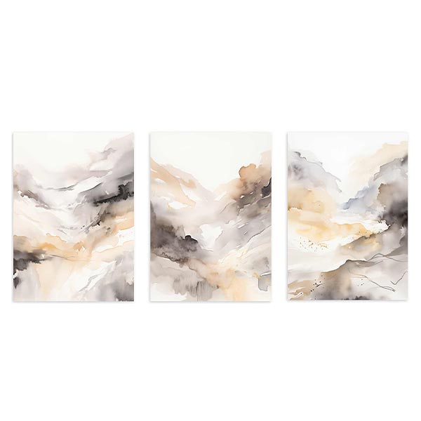 Set aus drei Wandbildern mit abstrakter Landschaft in Beige, Rauchgrau, Weiß und sanftem Schwarz, fließender Komposition und reduziertem zeitgenössischem Stil als gerahmte Wandkunst. Erhältlich auf kudeko.com