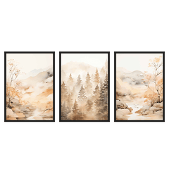 Conjunto de três quadros com paisagem de rio, montanhas suaves, floresta de abetos, rochas e árvores em tons de bege, cinzento, creme e pêssego, num estilo de natureza e paisagem serena. Disponível em kudeko.com