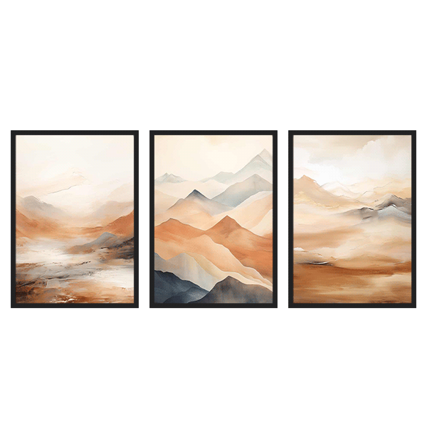 Conjunto de tres cuadros abstractos en tonos tierra, representación de paisaje montañoso