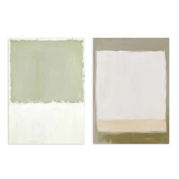 Conjunto de dois quadros com composição abstrata de blocos suaves em verde sálvia, branco pérola, bege e taupe, com estilo abstrato equilibrado e presença serena para decoração de parede contemporânea. Disponível em kudeko.com