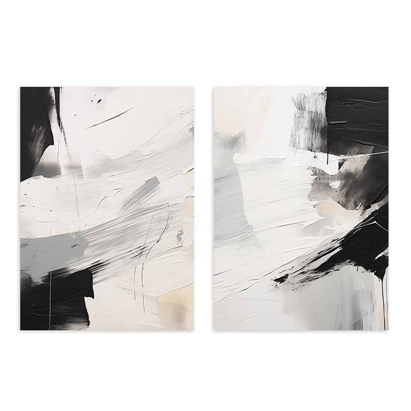Ensemble de deux tableaux avec composition abstraite en noir, blanc, gris et beige doux, formes larges, fond clair et style abstrait contemporain épuré. Disponible sur kudeko.com