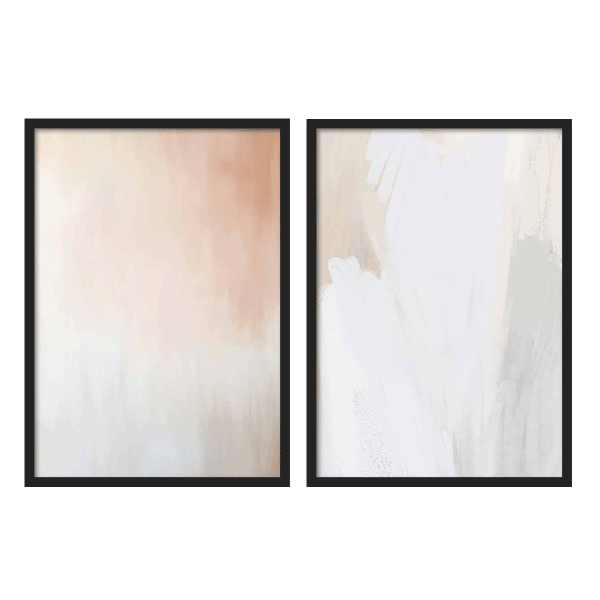 Conjunto de dos cuadros abstractos en tonos neutros suaves con marco negro, kudeko.com
