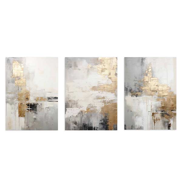 Set aus drei Wandbildern mit abstrakter Komposition in Weiß, Grau, Schwarz und Gold, mit strukturierten Formen, eleganten Kontrasten und modernem Stil in neutralen Tönen. Erhältlich auf kudeko.com