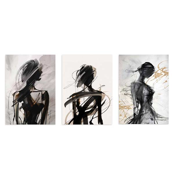 Set aus drei Wandbildern mit abstrakten weiblichen Silhouetten in Schwarz, Grau, Beige und goldfarbenen Details auf hellem Hintergrund, im zeitgenössischen abstrakten Stil. Erhältlich auf kudeko.com