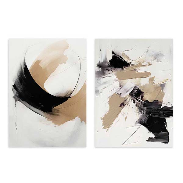 Ensemble de deux tableaux avec composition abstraite en noir, beige sable et blanc cassé, formes amples, lignes croisées et style contemporain équilibré pour décoration murale. Disponible sur kudeko.com