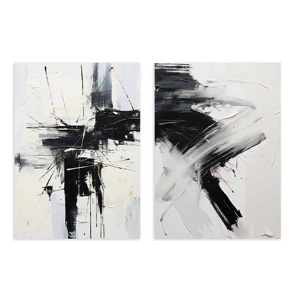 Ensemble de deux tableaux avec composition abstraite en blanc, noir et gris, lignes fines, formes larges et contraste marqué sur fond clair, dans un style contemporain. Disponible sur kudeko.com