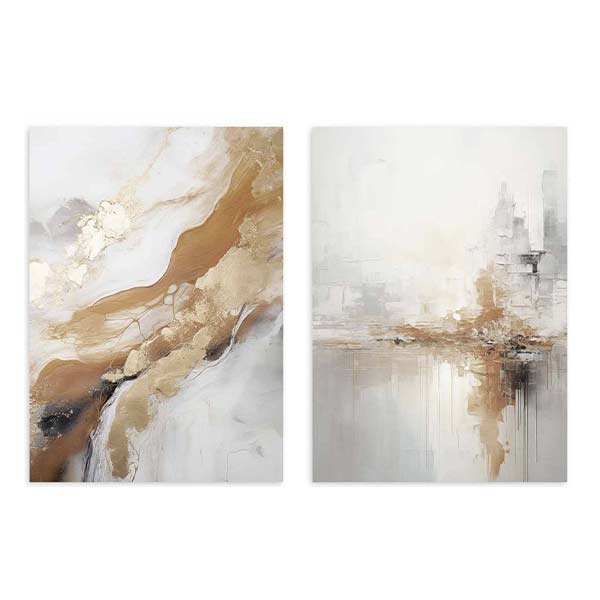 Ensemble de deux tableaux abstraits en blanc cassé, beige, doré et noir, avec formes fluides, composition urbaine diffuse et style contemporain raffiné. Disponible sur kudeko.com