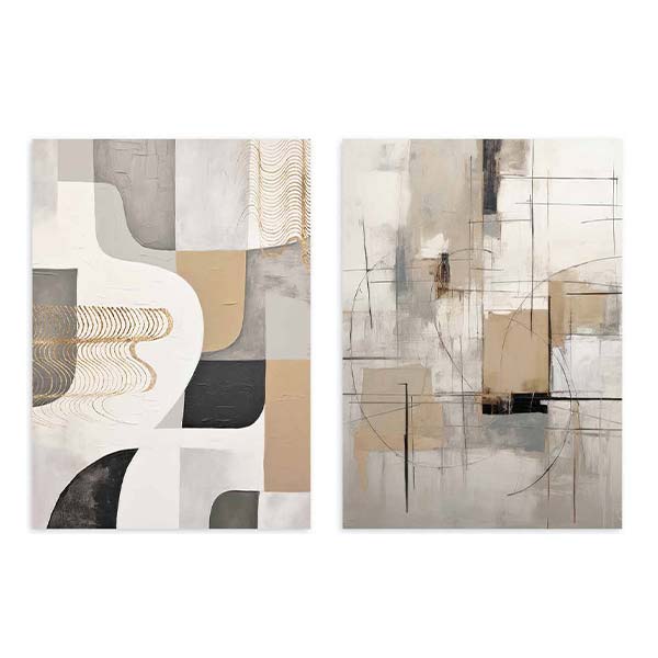 Ensemble de deux tableaux avec formes organiques, lignes fines, composition abstraite en beige, gris, noir et blanc, dans un style contemporain pour décoration murale. Disponible sur kudeko.com