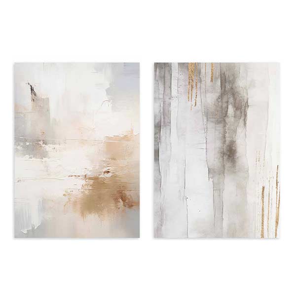 Conjunto de dos cuadros con composición abstracta en blanco, beige, gris cálido y detalles dorados, con texturas suaves, manchas difusas y acabado elegante de estilo abstracto. Disponible en kudeko.com