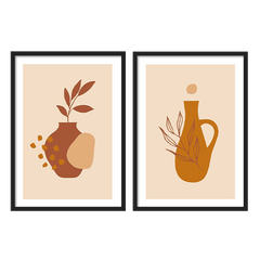 Ensemble de deux tableaux avec vases bohèmes, feuilles décoratives, formes organiques, tons terracotta, beige et moutarde, dans un style minimaliste et naturel. Disponible sur kudeko.com