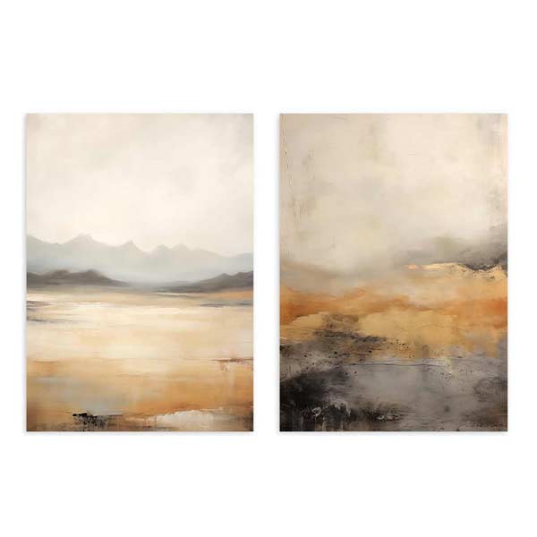 Conjunto de dos cuadros con paisaje de agua serena, montañas suaves, bruma luminosa, tonos dorado, beige, gris y negro, estilo naturaleza y paisajes. Disponible en kudeko.com