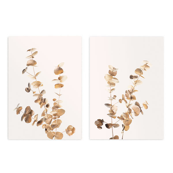 Conjunto de dos cuadros con ramas de eucalipto doradas, hojas redondeadas sobre fondo blanco, composición botánica elegante de estilo minimalista. Disponible en kudeko.com