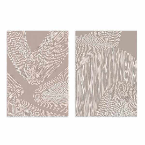 Conjunto de dos cuadros con formas abstractas de líneas orgánicas blancas sobre fondo beige topo, composición serena de estilo abstracto. Disponible en kudeko.com