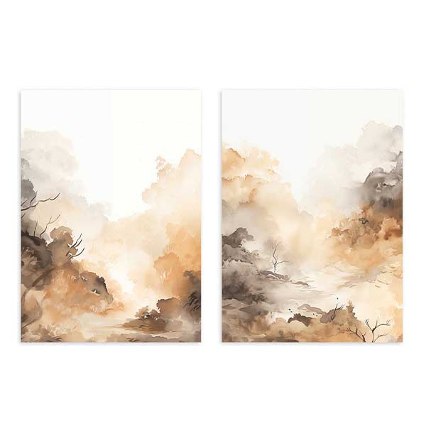 Conjunto de dos cuadros con paisaje de arboleda difusa entre niebla, tonos beige, arena, marrón y gris humo, estilo naturaleza y paisajes. Disponible en kudeko.com
