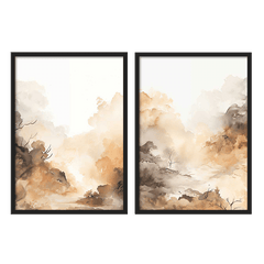 Ensemble de deux tableaux avec paysage de boisement diffus dans la brume, tons beige, sable, brun et gris fumée, style nature et paysage pour décoration murale. Disponible sur kudeko.com