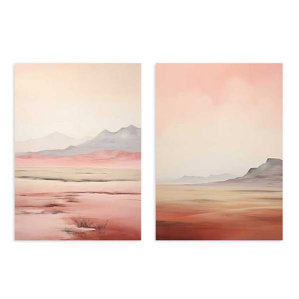 Conjunto de dos cuadros con paisaje desértico de montañas suaves, horizonte amplio, cielo rosado, tonos arena, beige y gris, estilo naturaleza y paisajes. Disponible en kudeko.com