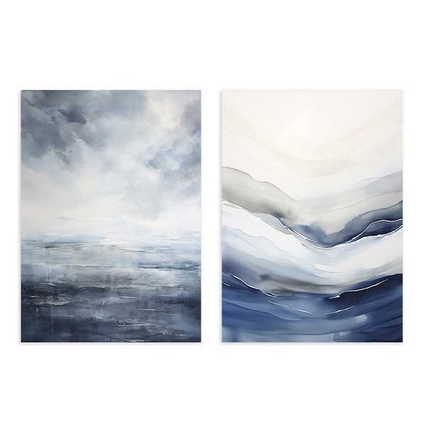 Ensemble de deux tableaux avec formes abstraites inspirées de l’eau et de l’horizon, en bleu marine, gris fumée, blanc et style abstrait contemporain. Disponible sur kudeko.com