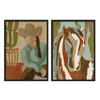 Conjunto de dos cuadros decorativos con marco de estilo ilustración y animales, dúo western de cowgirl desértica y retrato de caballo, modelo Two Combo - Desert Cowgirl and Horse