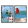 Conjunto de dos cuadros decorativos con marco de estilo mar_y_playa y abstracto, díptico floral y marinero en tonos azules, modelo Two Combo - Vibrant Garden Serenity