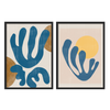 Conjunto de dos cuadros decorativos con marco de estilo minimalista y orgánico, dúo abstracto orgánico con formas botánicas y sol, modelo Two Combo - Solar Embrace and Plant