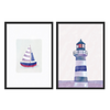 Conjunto de dos cuadros decorativos con marco de estilo minimalista y sereno, dúo náutico de barco y faro en tonos azules, modelo Two combo - Reflejos azules