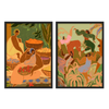 Conjunto de dos cuadros decorativos con marco de estilo orgánico y abstracto, mujeres entre flores y naturaleza en tonos cálidos, modelo Two Combo - Flower Sisters