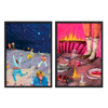Conjunto de dos cuadros decorativos con marco de estilo orgánico y abstracto, díptico surrealista de fiesta nocturna y mesa en llamas, modelo Two Combo - Starry Desert Party