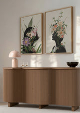 Conjunto de dos cuadros decorativos de estilo flores y sereno, díptico botánico de siluetas con flores en tonos suaves, modelo Two Combo - Purple flower