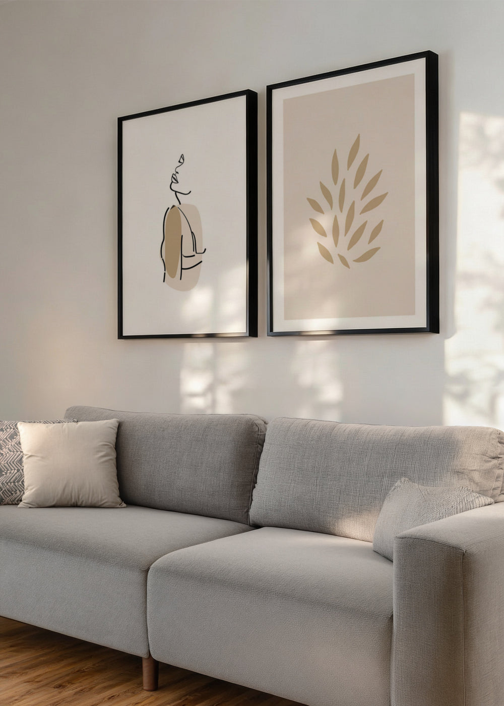 Conjunto de dos cuadros decorativos de estilo minimalista y abstracto, dúo minimalista de figura femenina y formas orgánicas, modelo Two Combo - Line girl