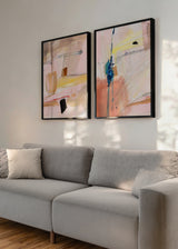 Conjunto de dos cuadros decorativos de estilo minimalista y abstracto, díptico abstracto en tonos pastel suaves, modelo Two Combo - Summer Dream