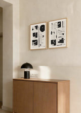 Set aus zwei Wandbildern mit abstrakter Komposition in Schwarz und Weiß, organischen Formen, unregelmäßigen Blöcken, lockeren Linien und grafischem Kontrast im modernen Stil. Erhältlich auf kudeko.com