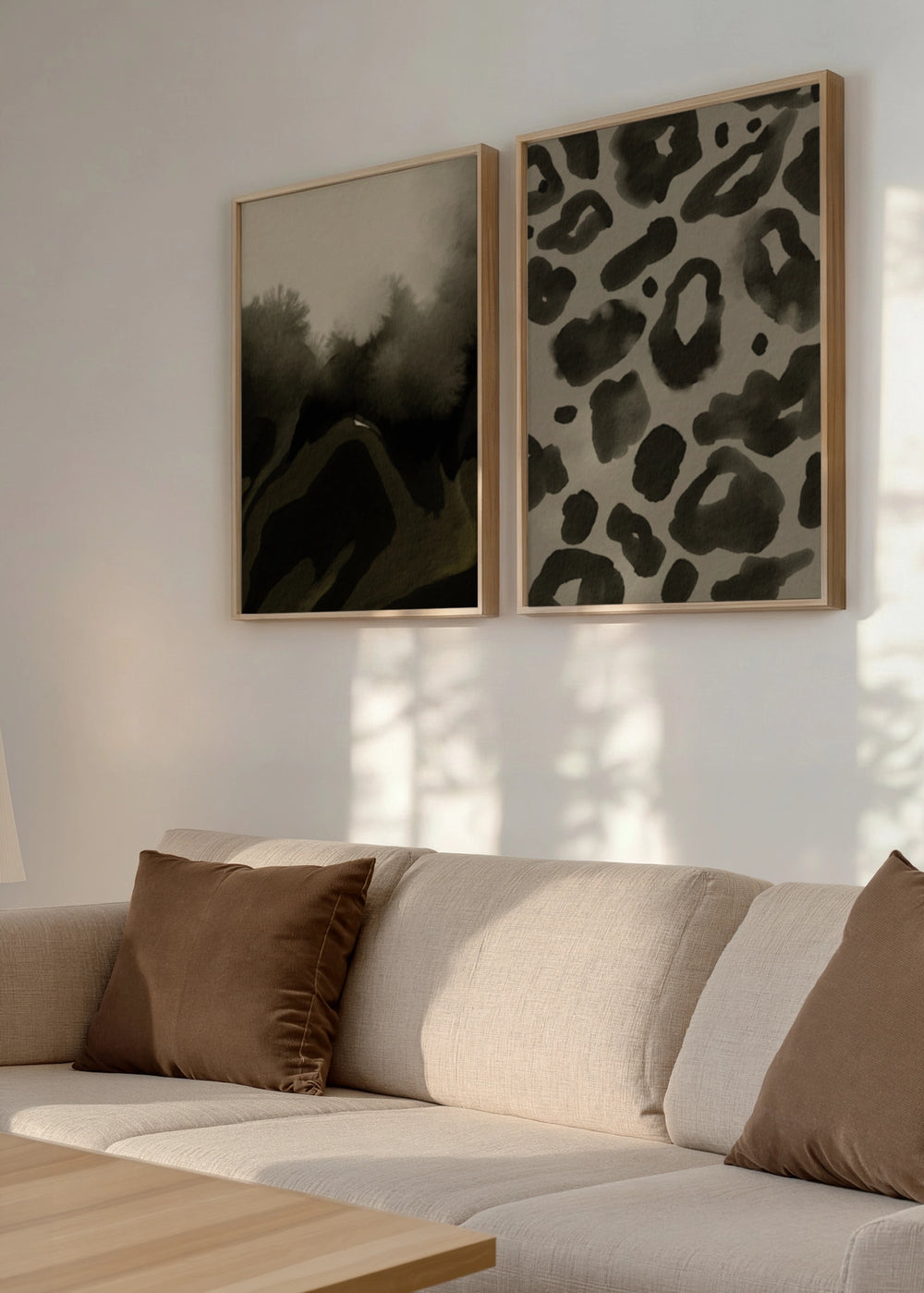 Conjunto de dos cuadros decorativos de estilo minimalista y blanco_y_negro, díptico abstracto animal print leopardo en tonos neutros, modelo Two Combo - Animal Print Leopardo