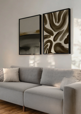 Conjunto de dos cuadros decorativos de estilo minimalista y orgánico, dúo abstracto en tonos cacao y negro, modelo Two Combo - Horizonte de Sombra