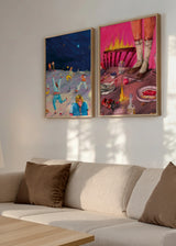 Conjunto de dos cuadros decorativos de estilo orgánico y abstracto, díptico surrealista de fiesta nocturna y mesa en llamas, modelo Two Combo - Starry Desert Party